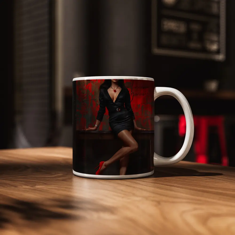 Confident Woman Black Dress Red Wall – Mugs