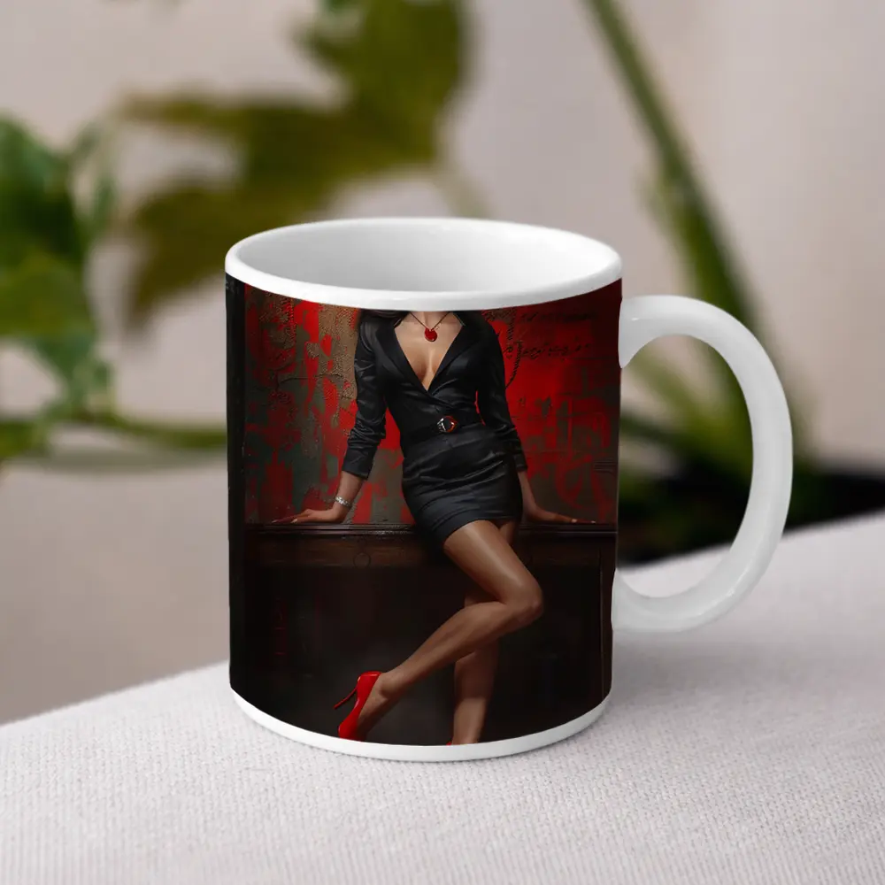 Confident Woman Black Dress Red Wall – Mugs