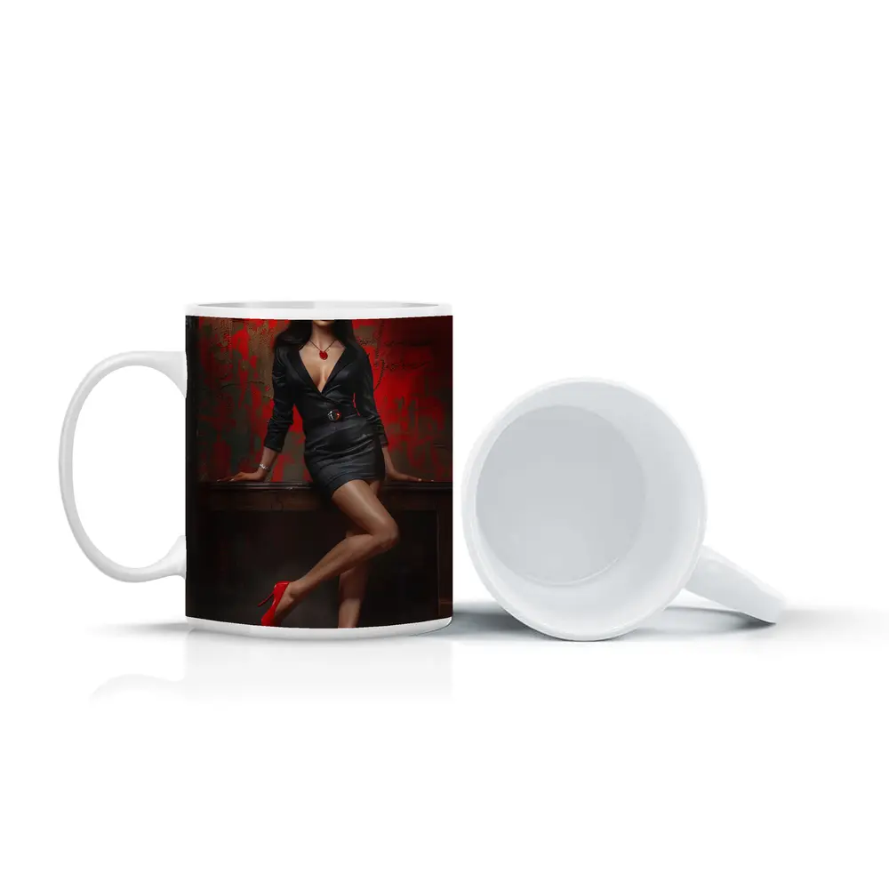 Confident Woman Black Dress Red Wall – Mugs