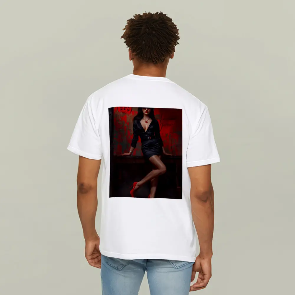 Confident Woman Black Dress Red Wall – T-Shirts