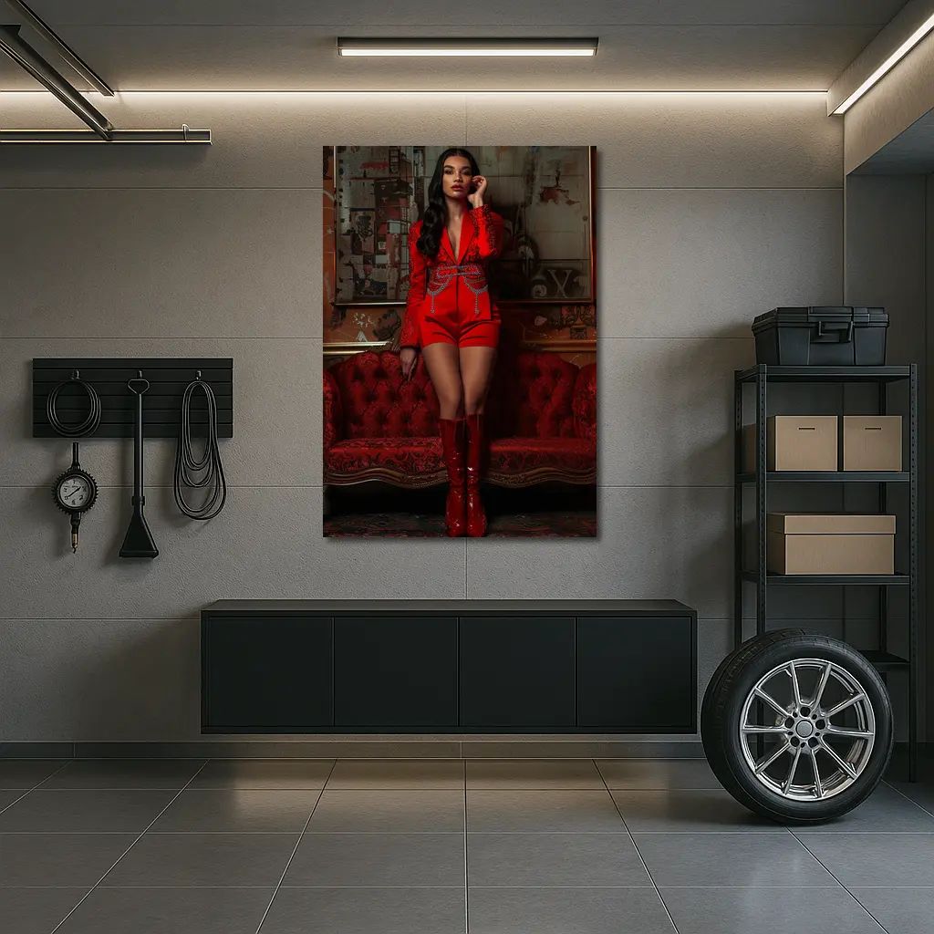 Woman Red Suit Shorts Ornate Interior – Wall Art