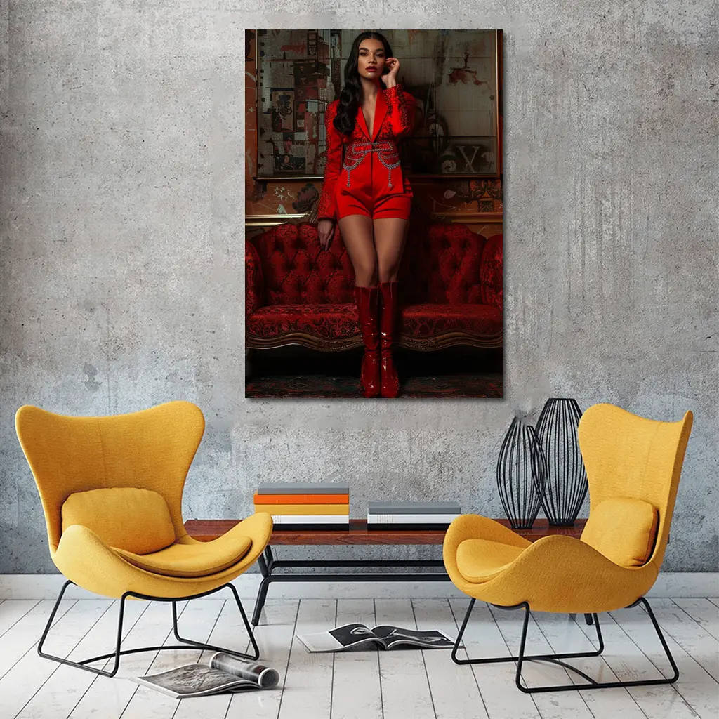 Woman Red Suit Shorts Ornate Interior – Wall Art