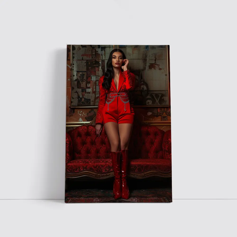 Woman Red Suit Shorts Ornate Interior – Wall Art