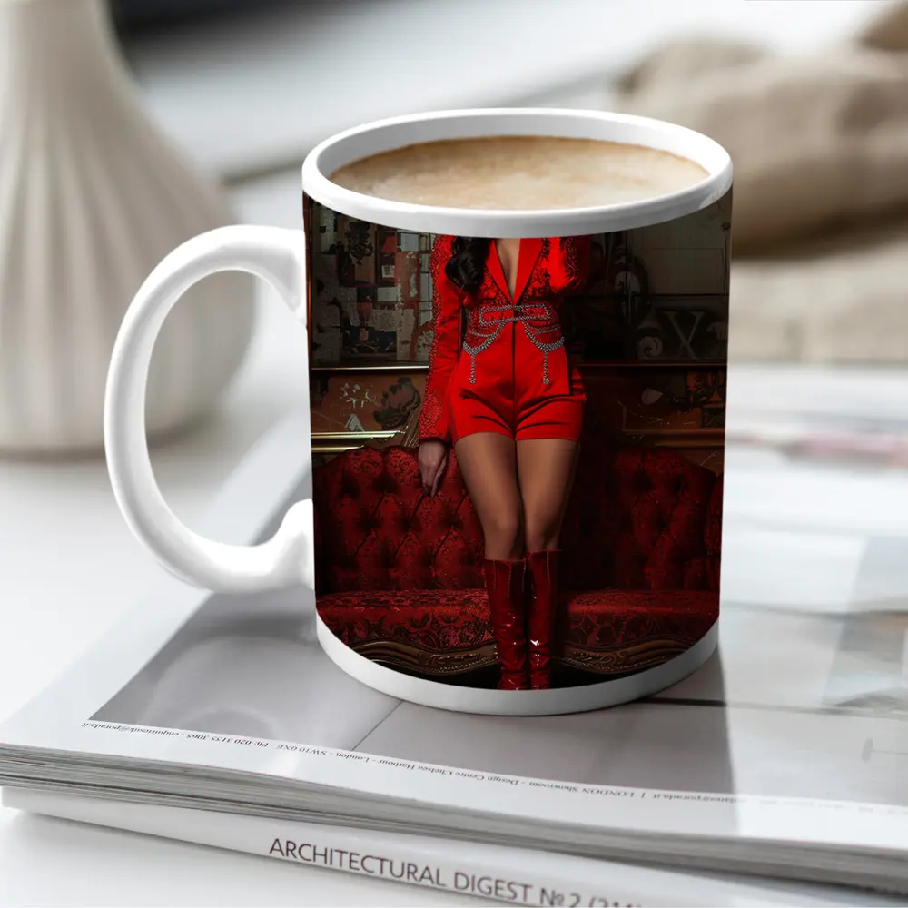Woman Red Suit Shorts Ornate Interior – Mugs