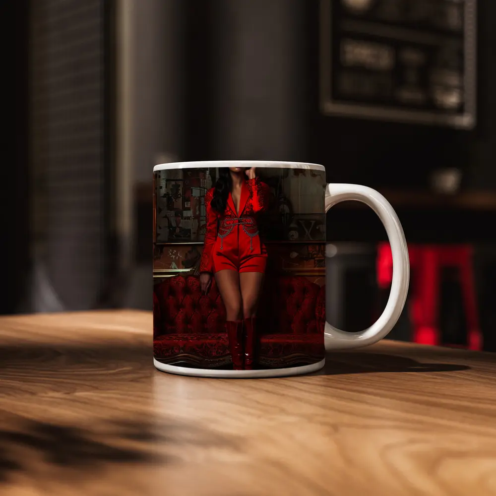 Woman Red Suit Shorts Ornate Interior – Mugs