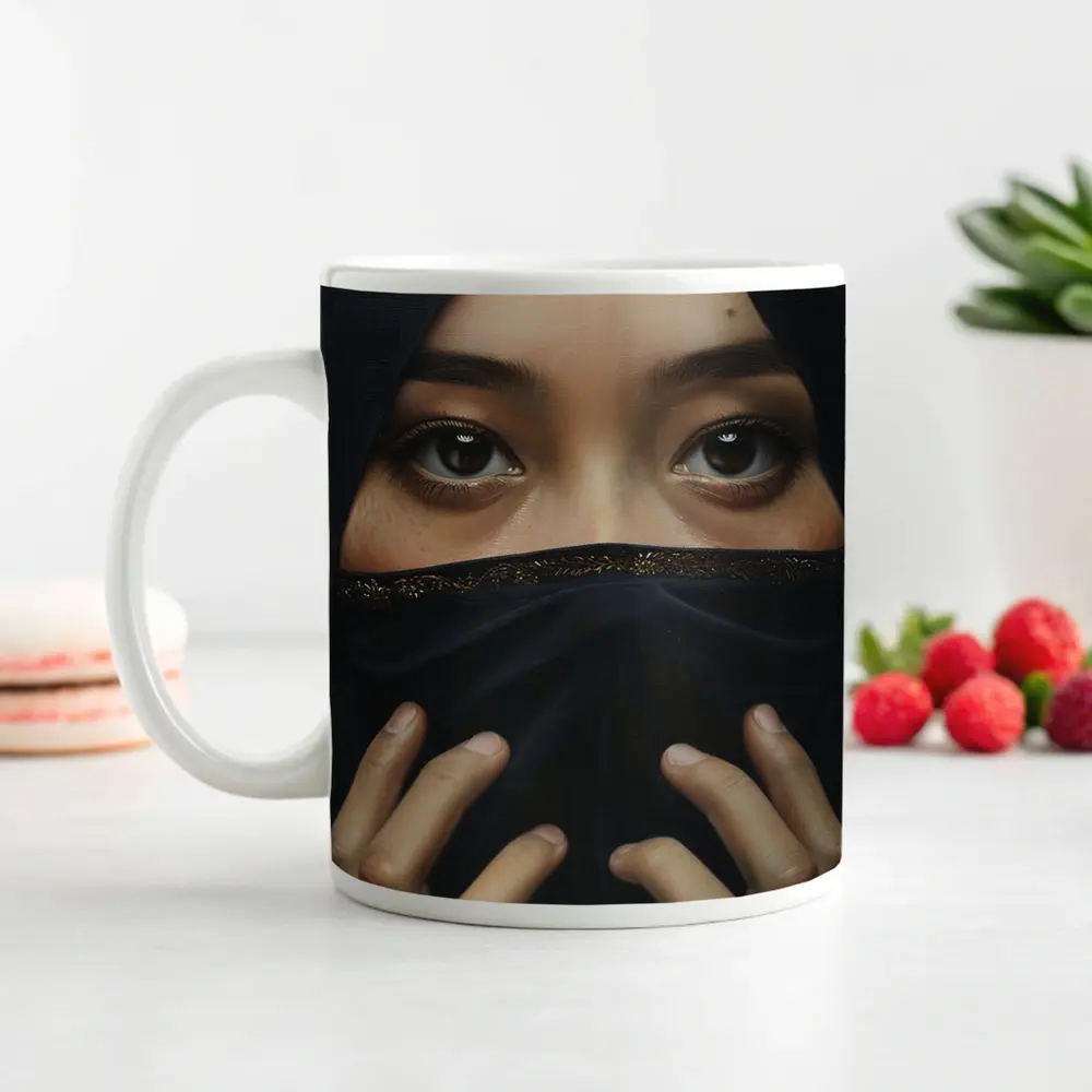 Woman in Black Niqab Expressive Eyes Portrait – Mugs