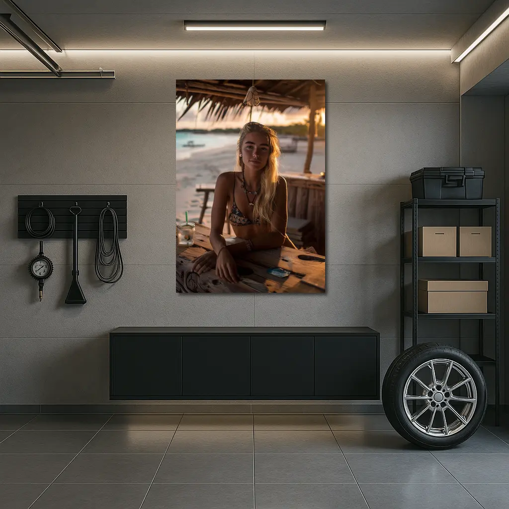 Blonde Woman at Tropical Beach Bar Sunset – Wall Art