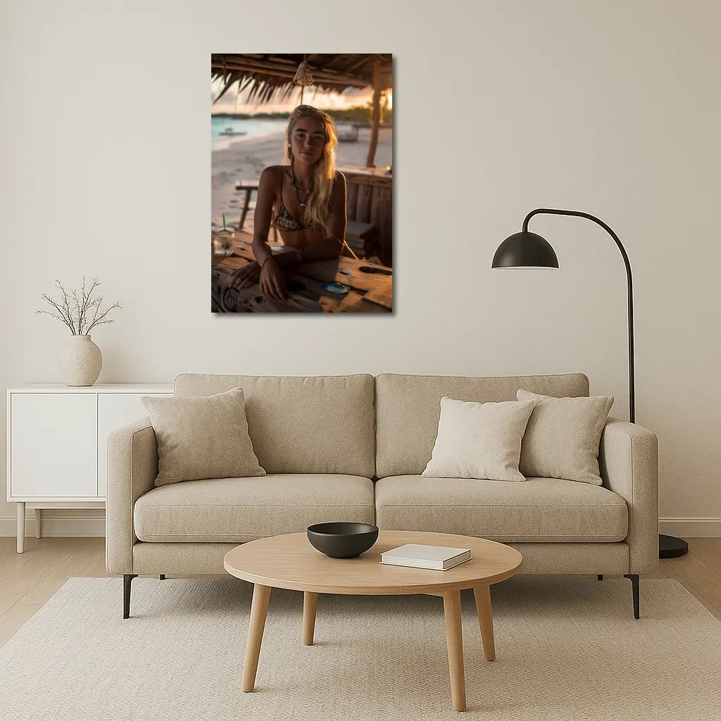 Blonde Woman at Tropical Beach Bar Sunset – Wall Art