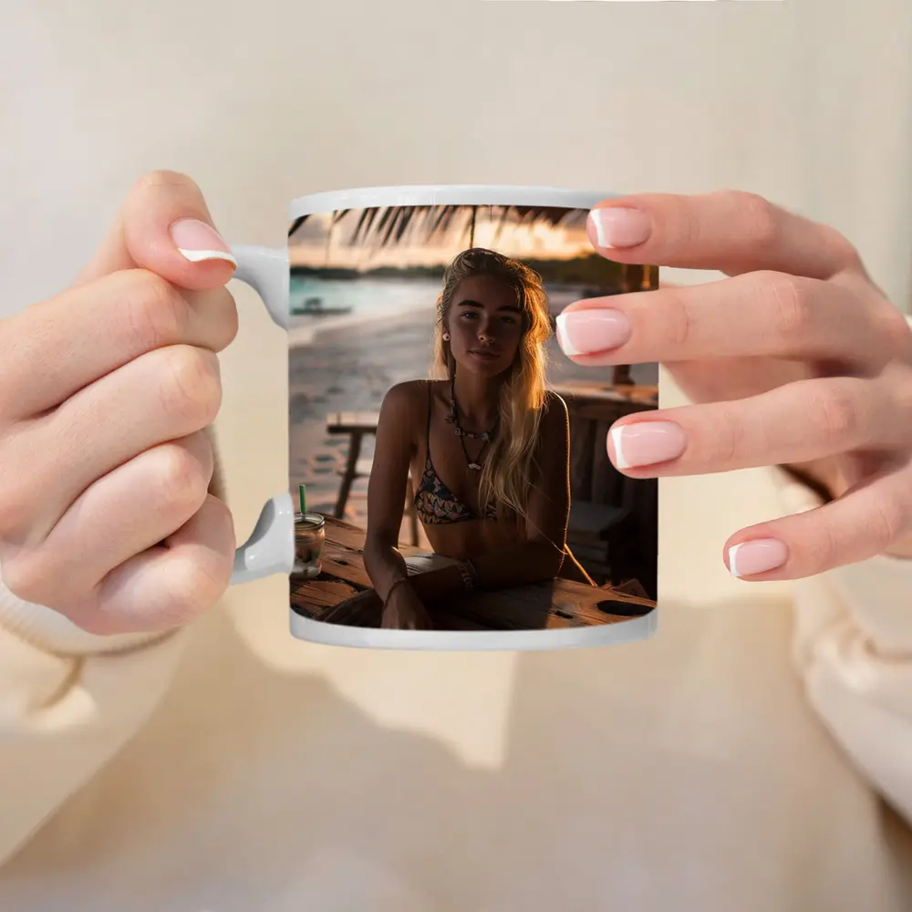 Blonde Woman at Tropical Beach Bar Sunset – Mugs