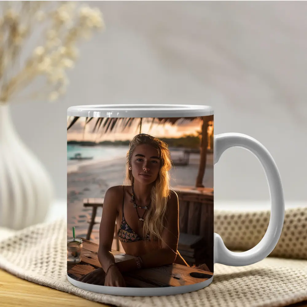 Blonde Woman at Tropical Beach Bar Sunset – Mugs