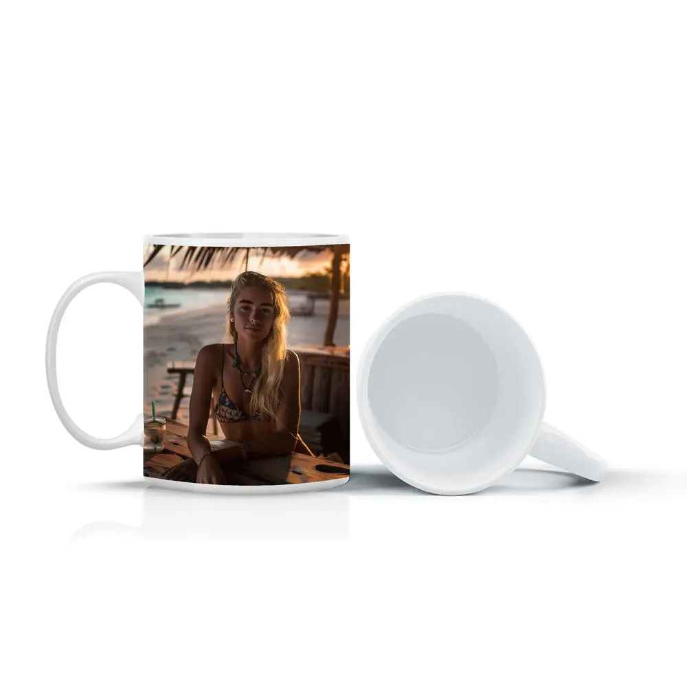 Blonde Woman at Tropical Beach Bar Sunset – Mugs
