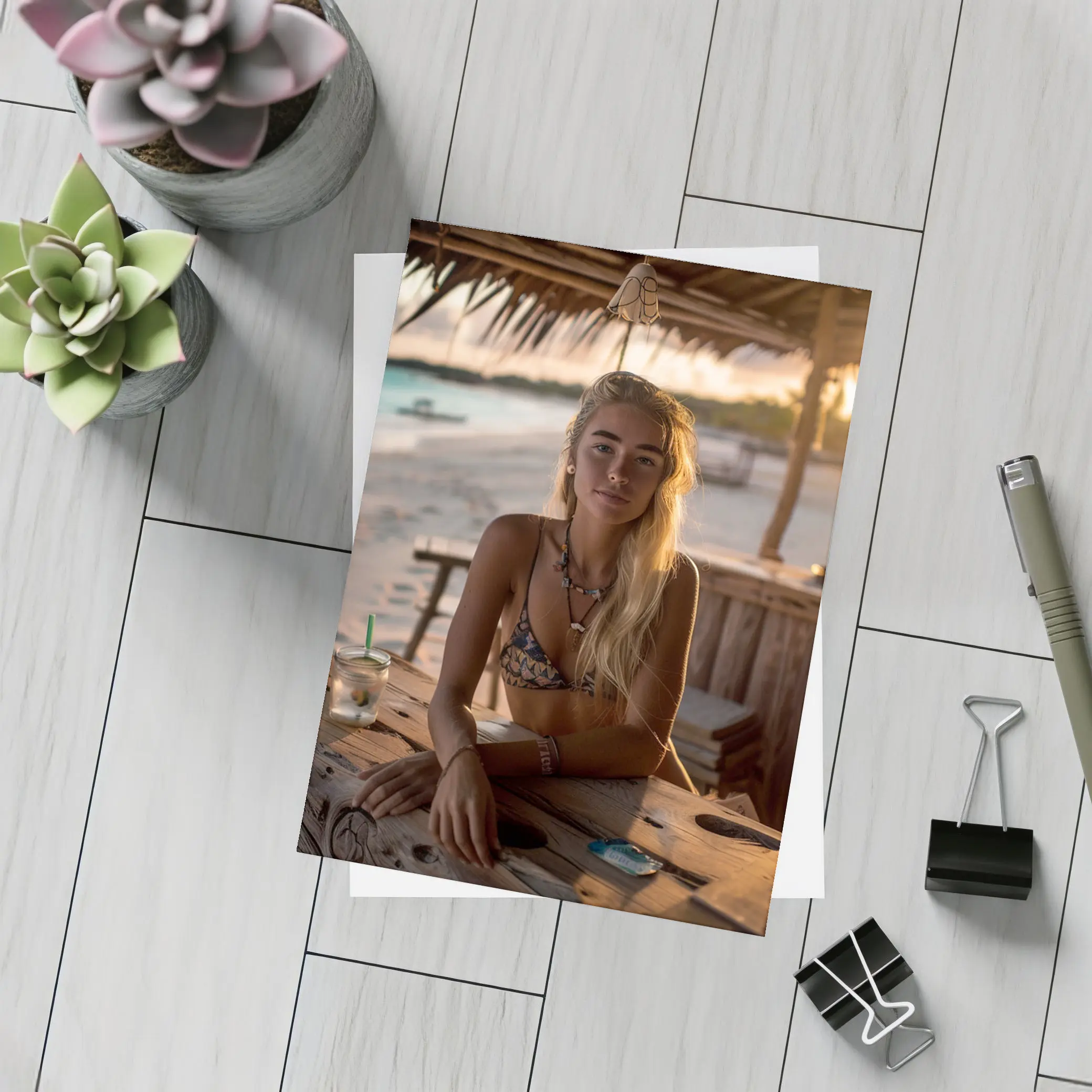 Blonde Woman at Tropical Beach Bar Sunset – Postcards