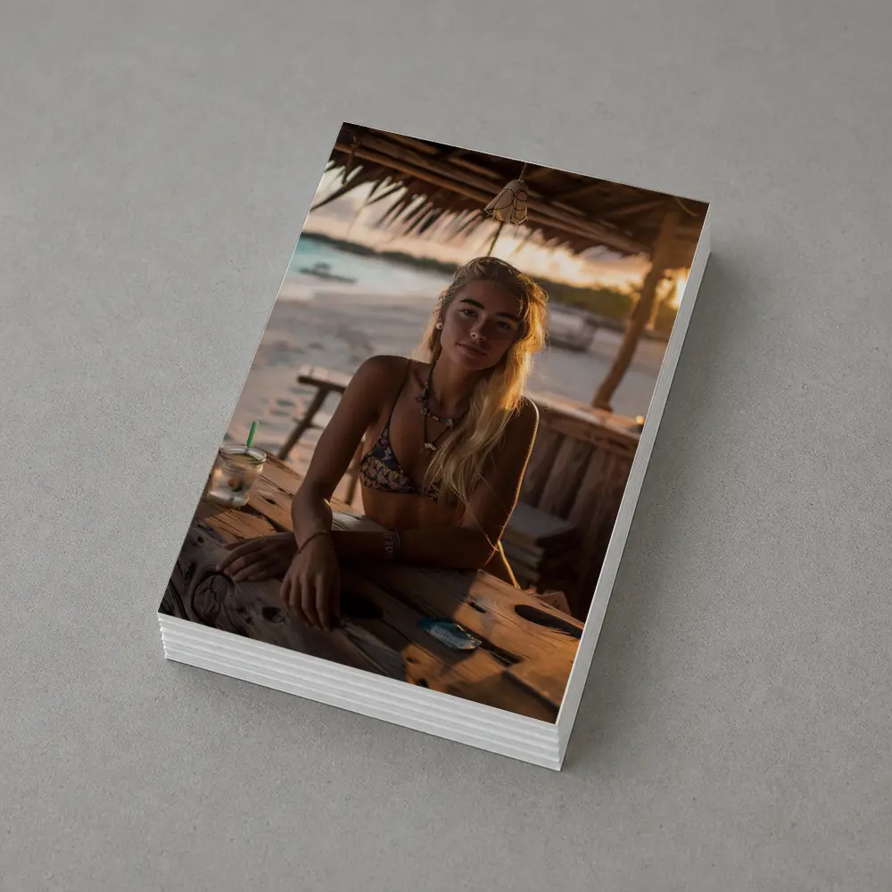 Blonde Woman at Tropical Beach Bar Sunset – Postcards