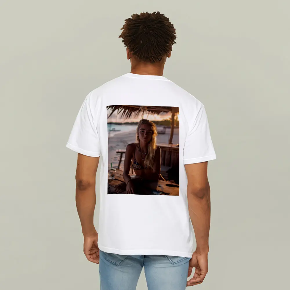 Blonde Woman at Tropical Beach Bar Sunset – T-Shirts