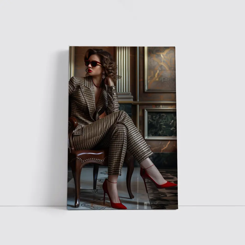 Elegant Woman Brown Suit Red Heels – Wall Art