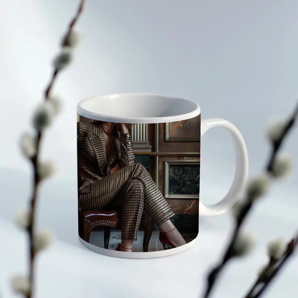 Elegant Woman Brown Suit Red Heels – Mugs