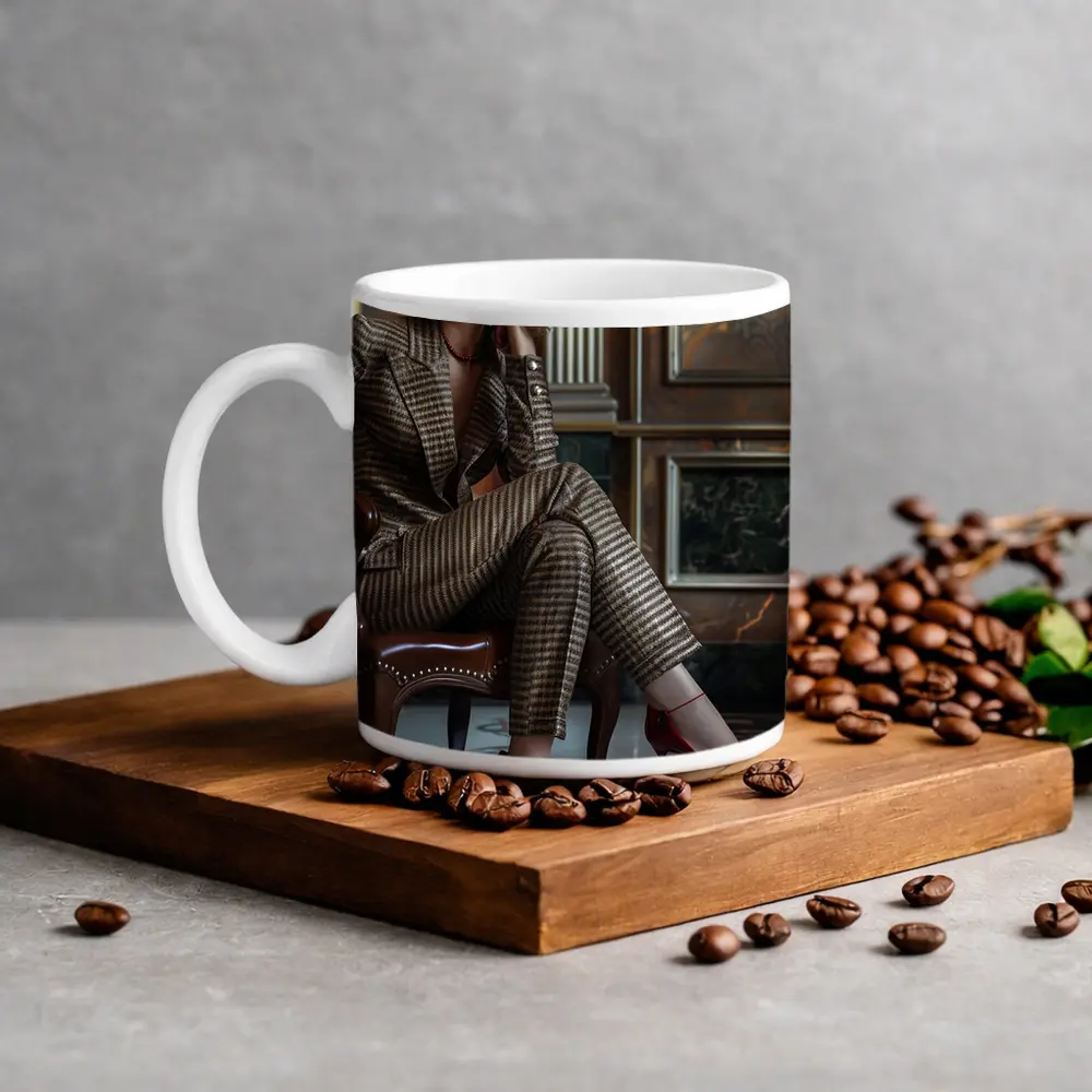 Elegant Woman Brown Suit Red Heels – Mugs