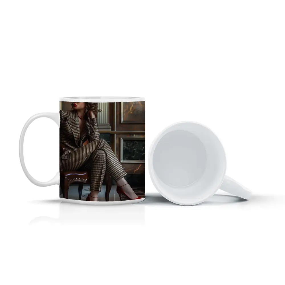 Elegant Woman Brown Suit Red Heels – Mugs