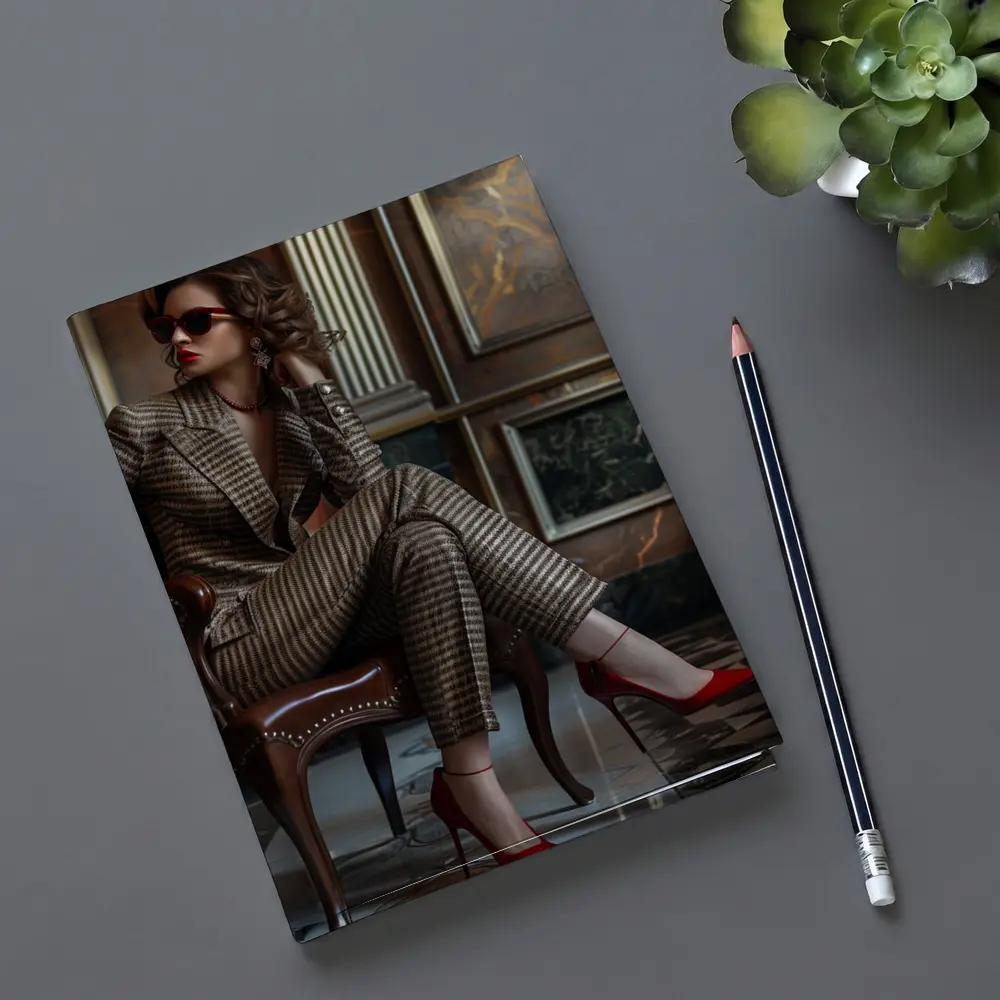Elegant Woman Brown Suit Red Heels – Notebooks