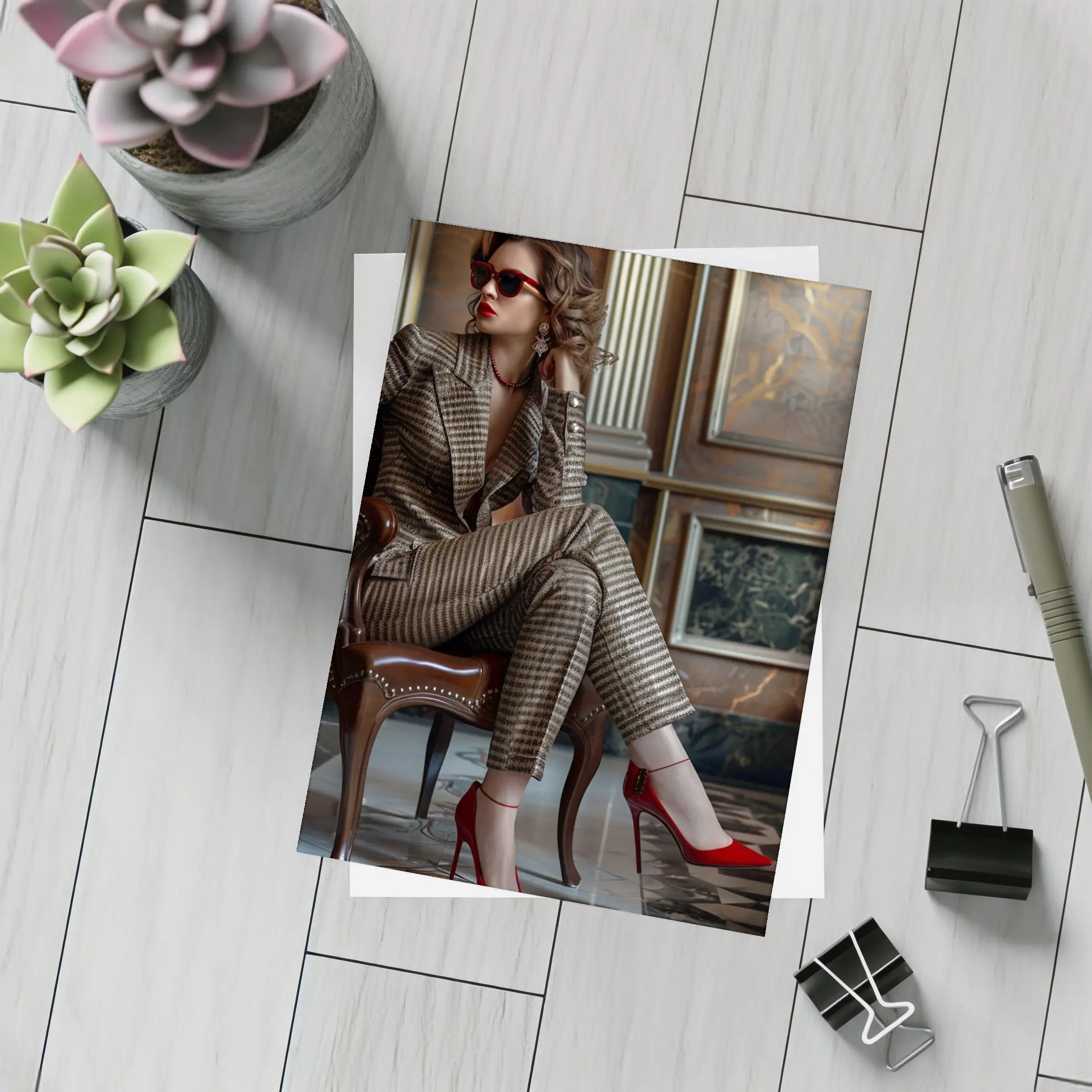 Elegant Woman Brown Suit Red Heels – Postcards
