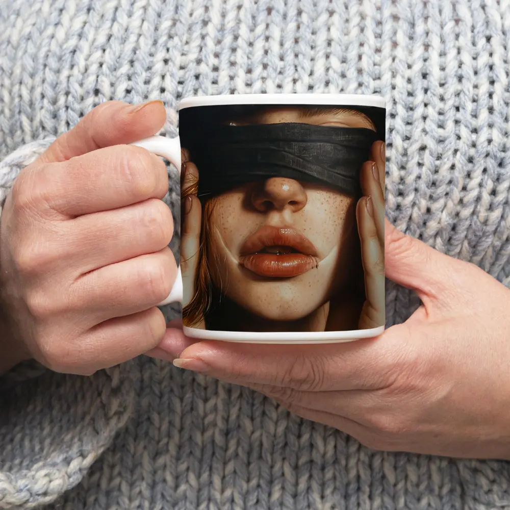 Blindfolded Woman Portrait Dark Background – Mugs