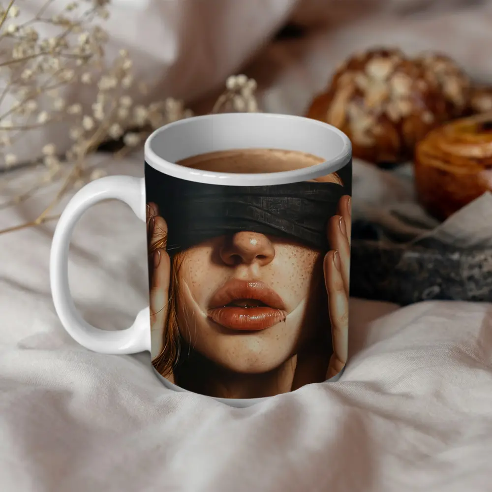 Blindfolded Woman Portrait Dark Background – Mugs