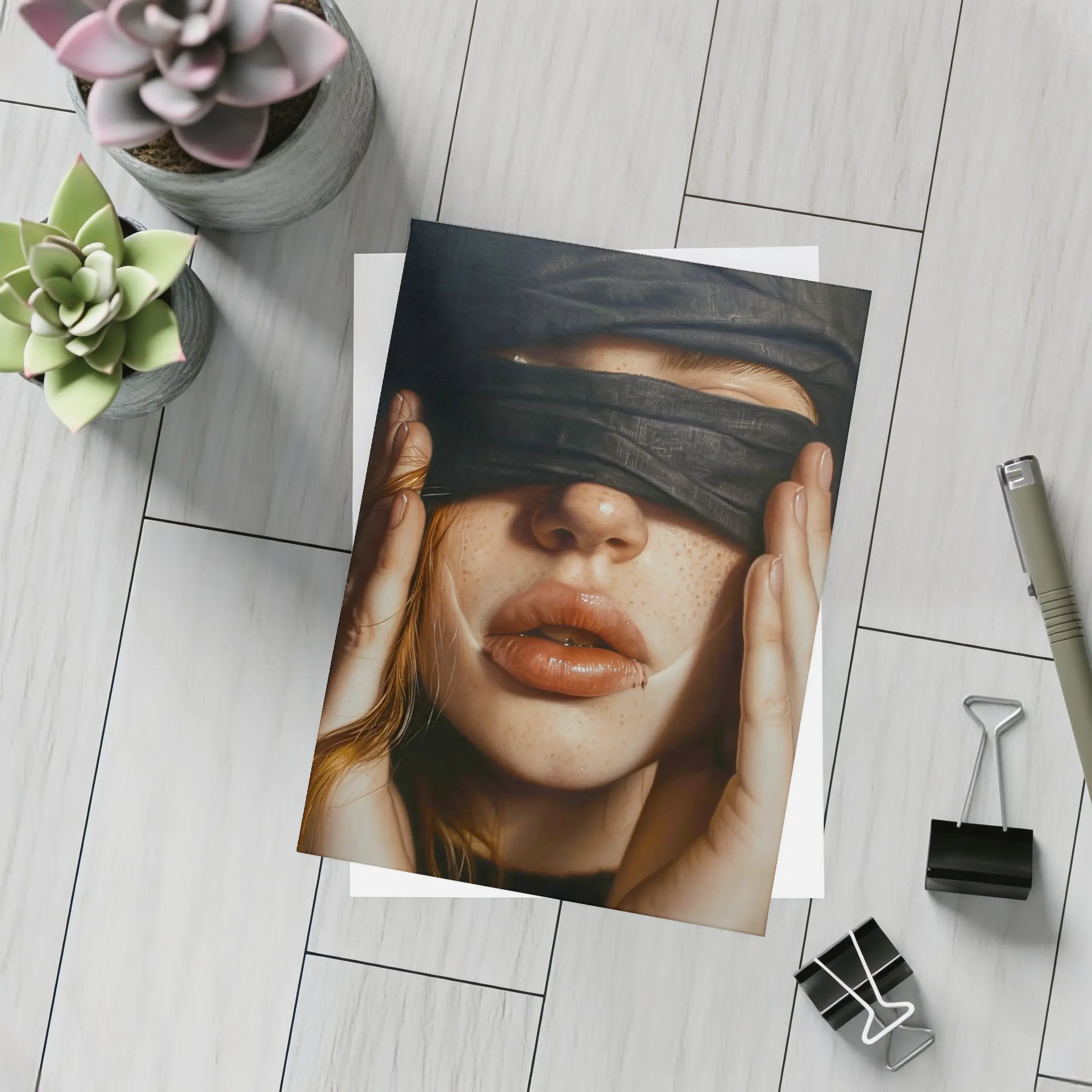 Blindfolded Woman Portrait Dark Background – Postcards