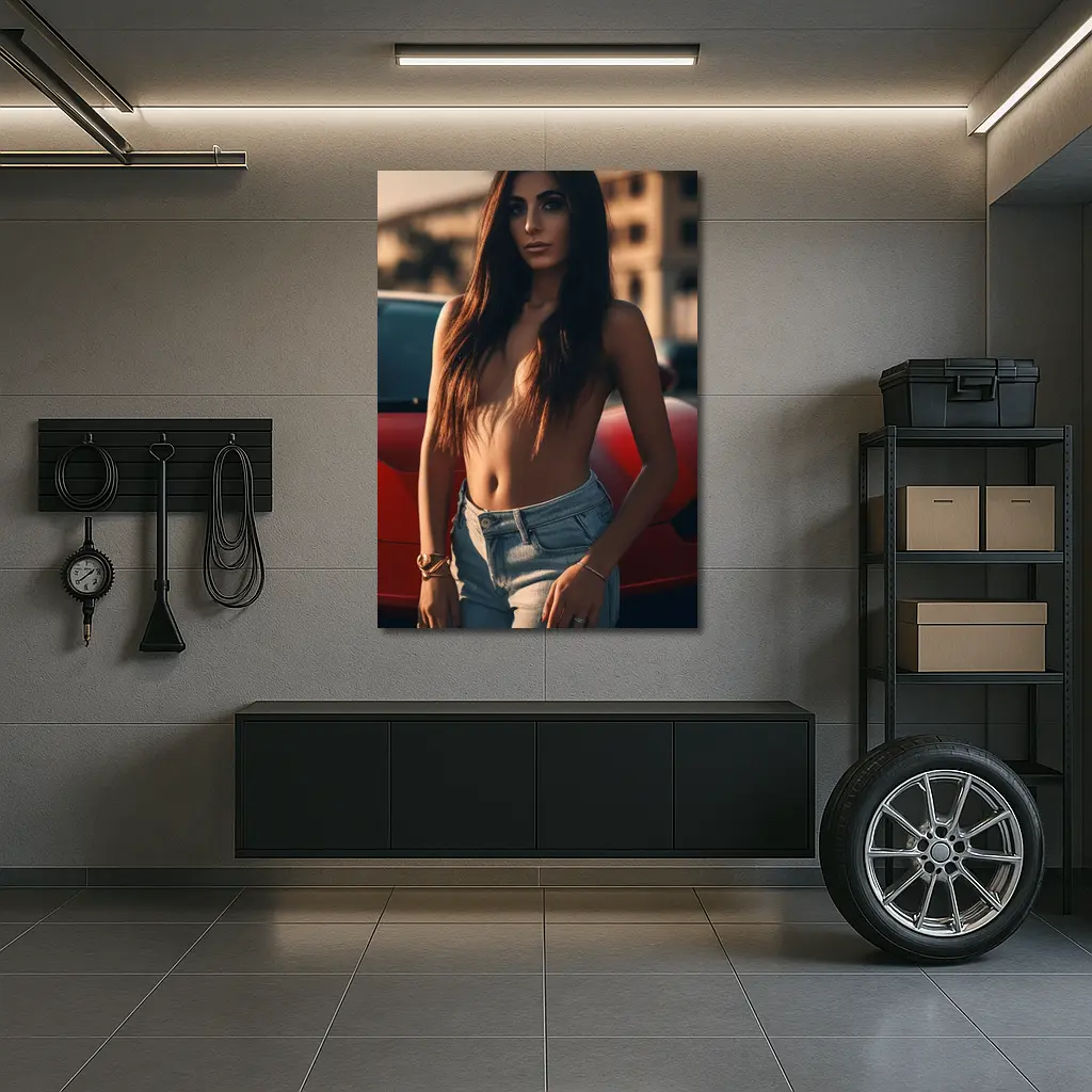 Topless Woman Leaning Red Car Outdoors – Wall Art