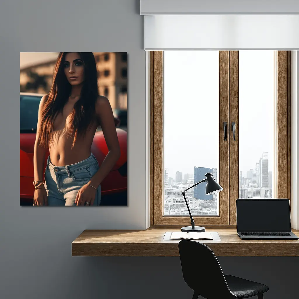 Topless Woman Leaning Red Car Outdoors – Wall Art