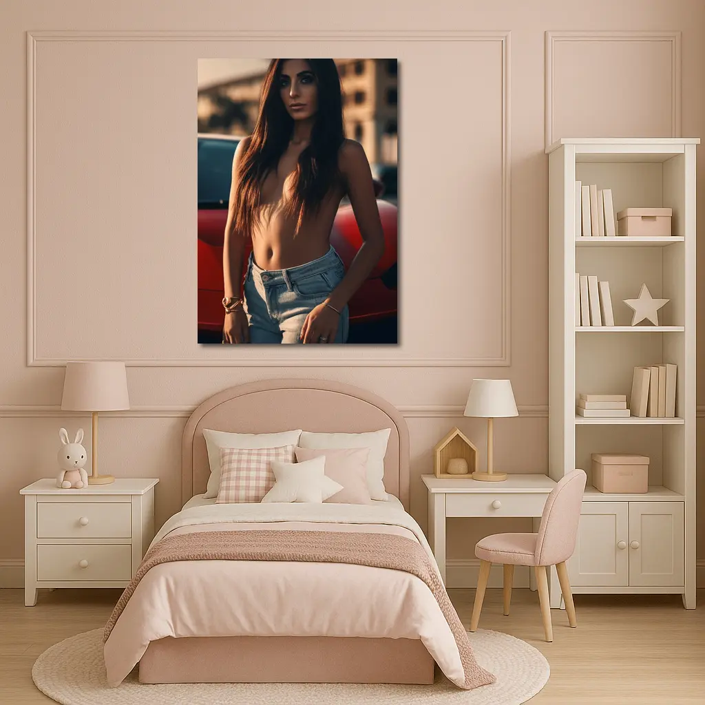 Topless Woman Leaning Red Car Outdoors – Wall Art