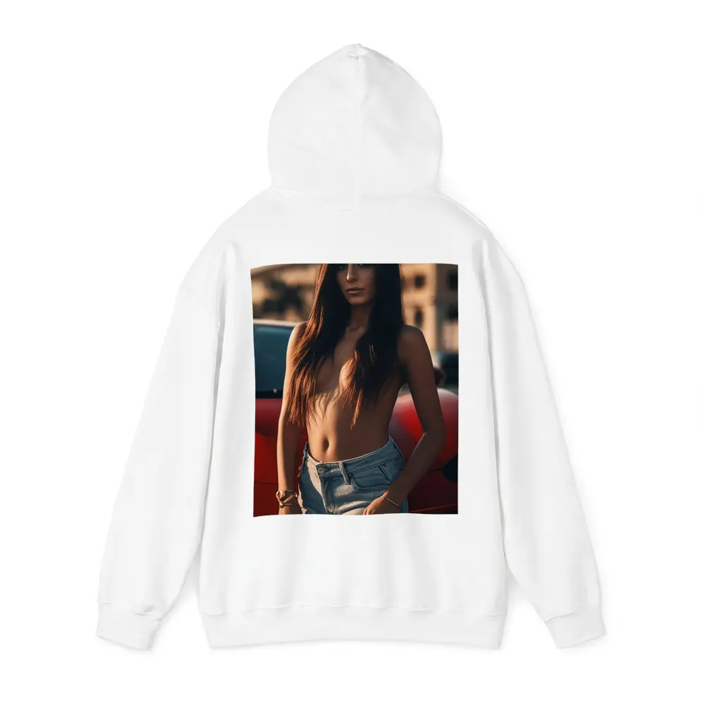Topless Woman Leaning Red Car Outdoors – Hoodies