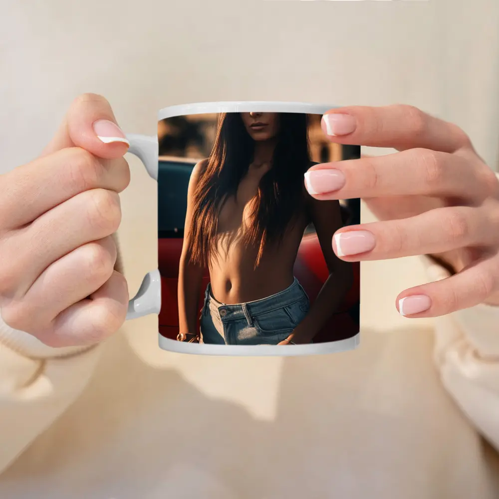 Topless Woman Leaning Red Car Outdoors – Mugs
