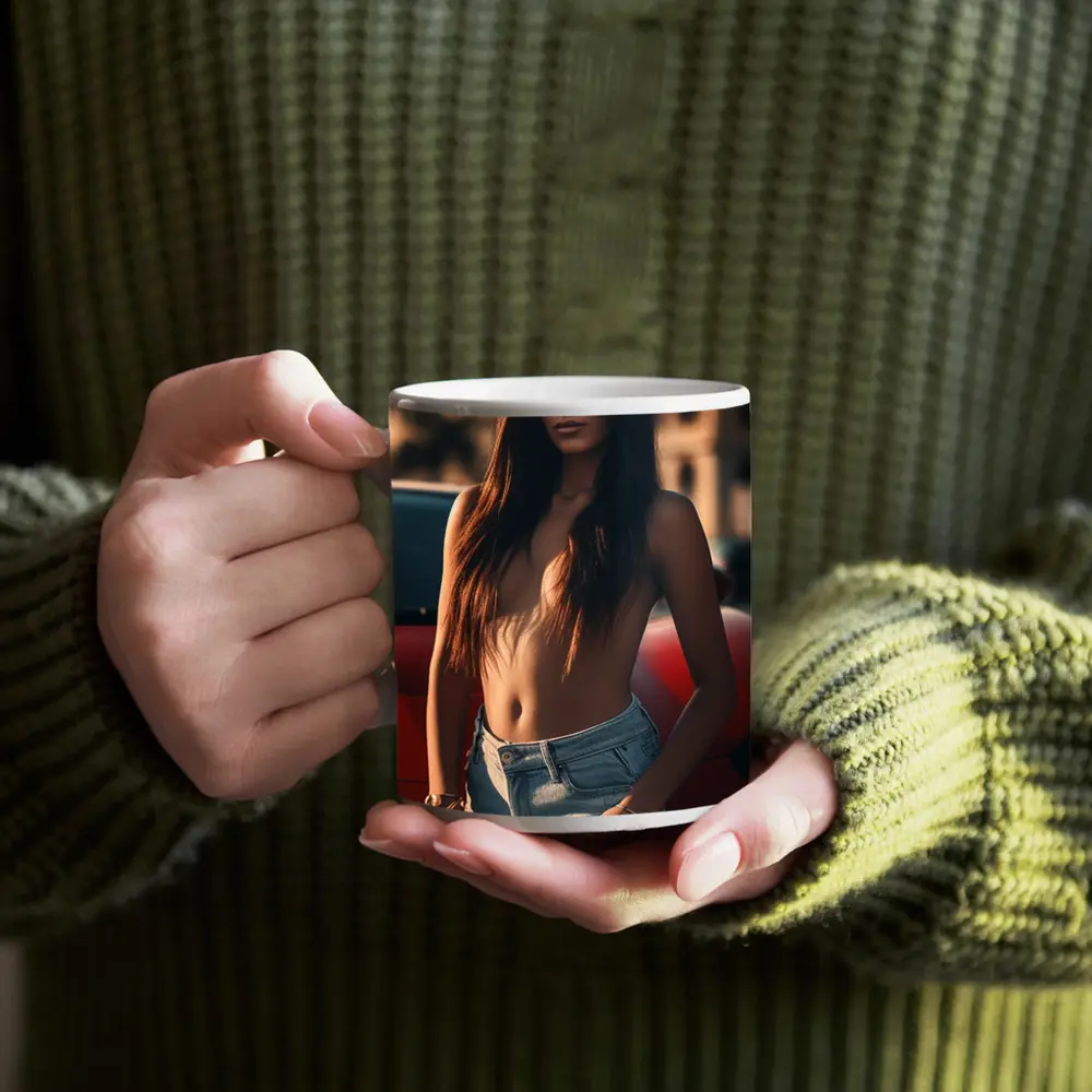 Topless Woman Leaning Red Car Outdoors – Mugs