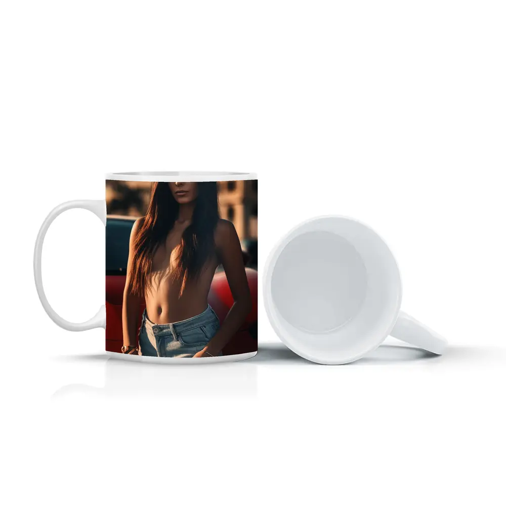 Topless Woman Leaning Red Car Outdoors – Mugs