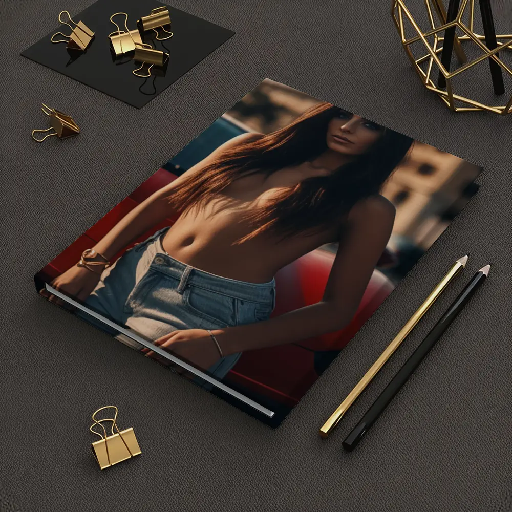 Topless Woman Leaning Red Car Outdoors – Notebooks
