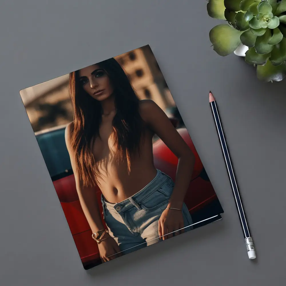 Topless Woman Leaning Red Car Outdoors – Notebooks