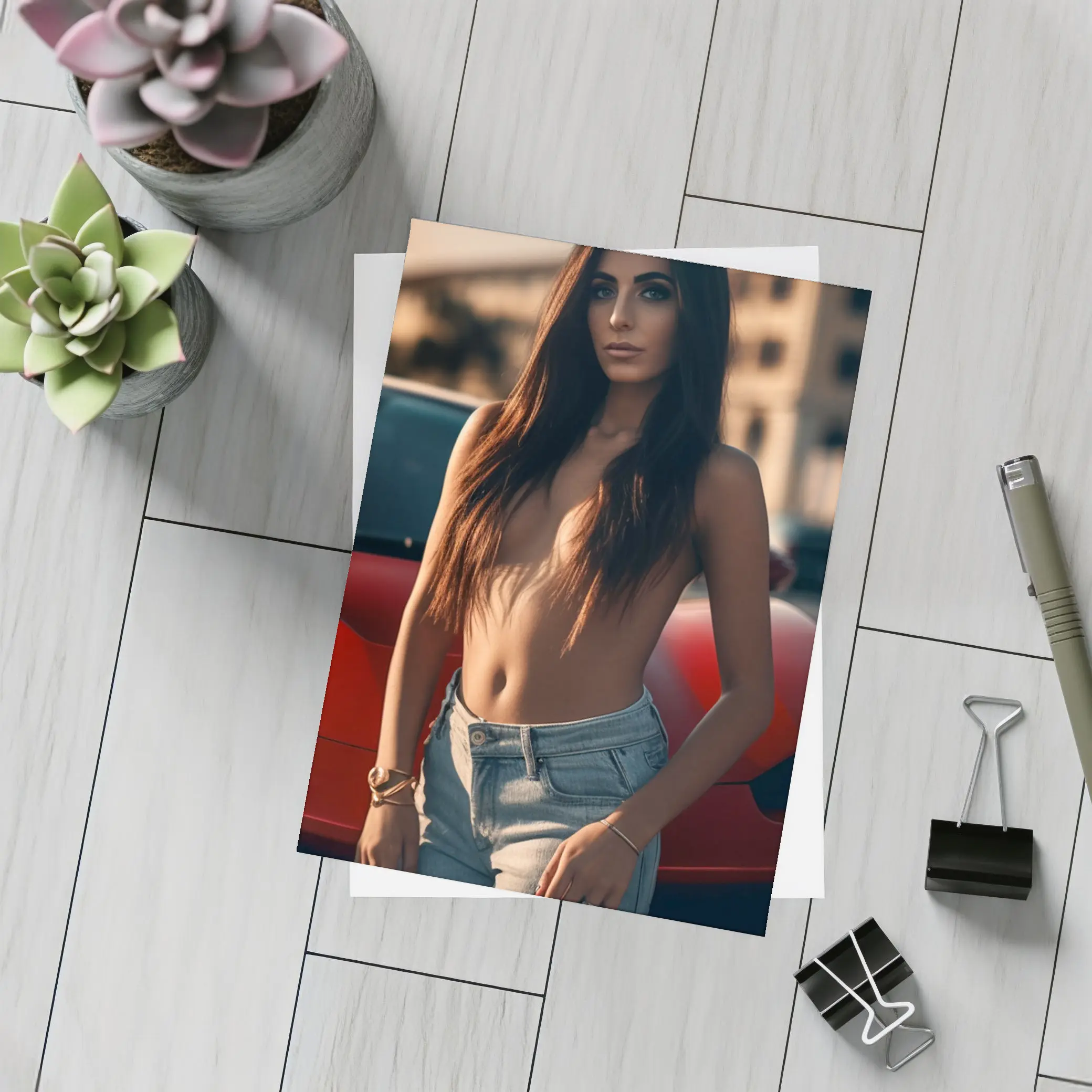 Topless Woman Leaning Red Car Outdoors – Postcards