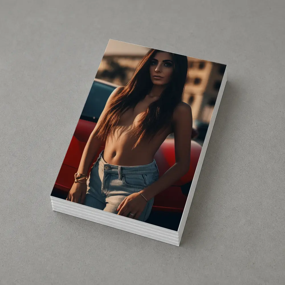 Topless Woman Leaning Red Car Outdoors – Postcards