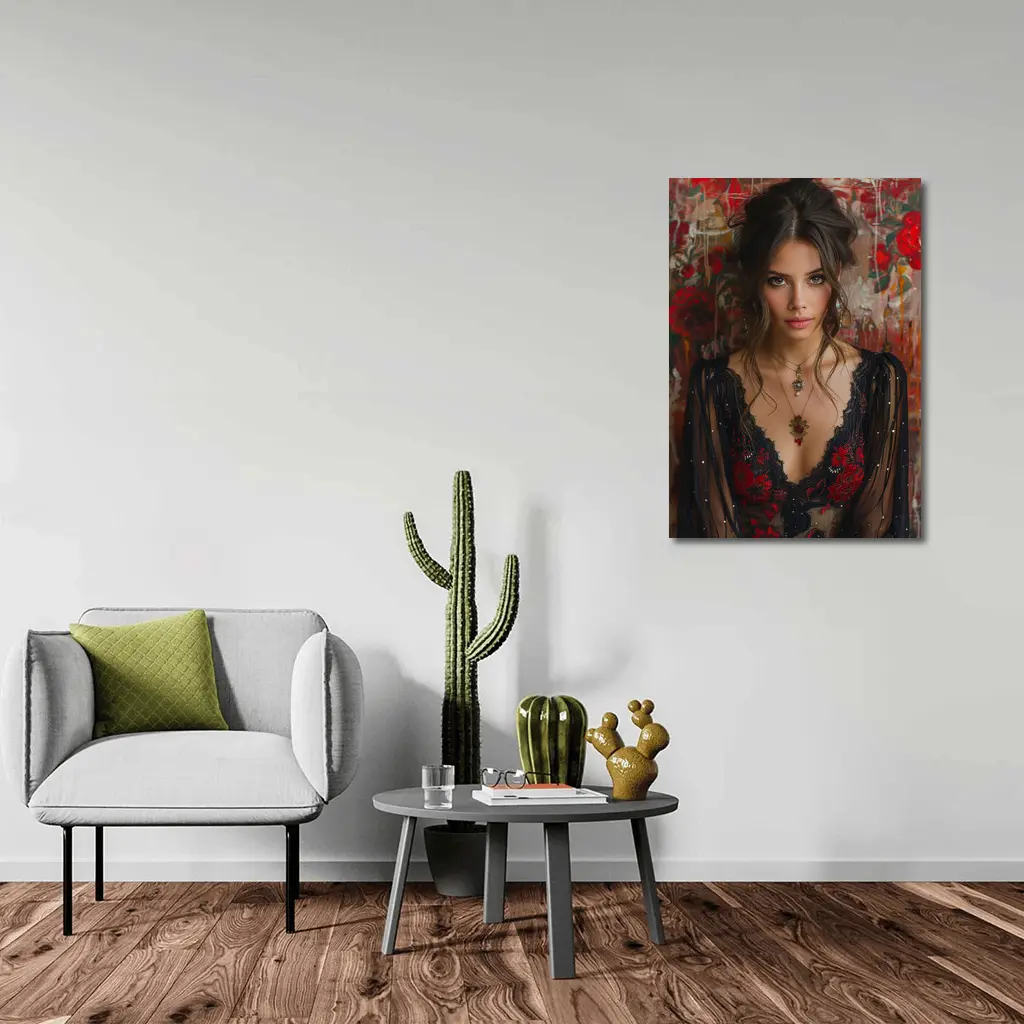 Elegant Woman Red Floral Lace Dress Portrait – Wall Art