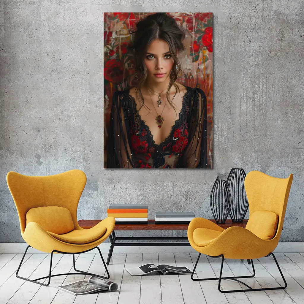 Elegant Woman Red Floral Lace Dress Portrait – Wall Art