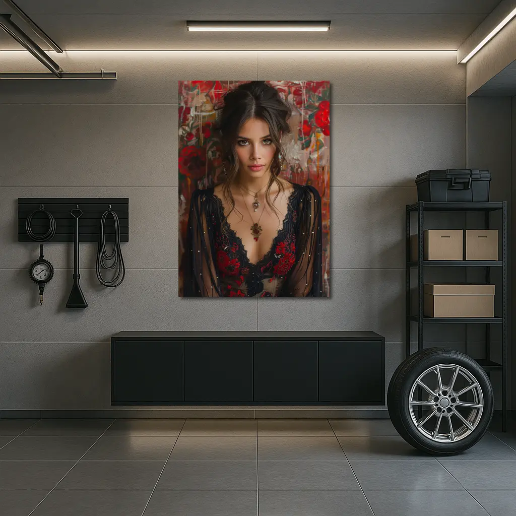 Elegant Woman Red Floral Lace Dress Portrait – Wall Art