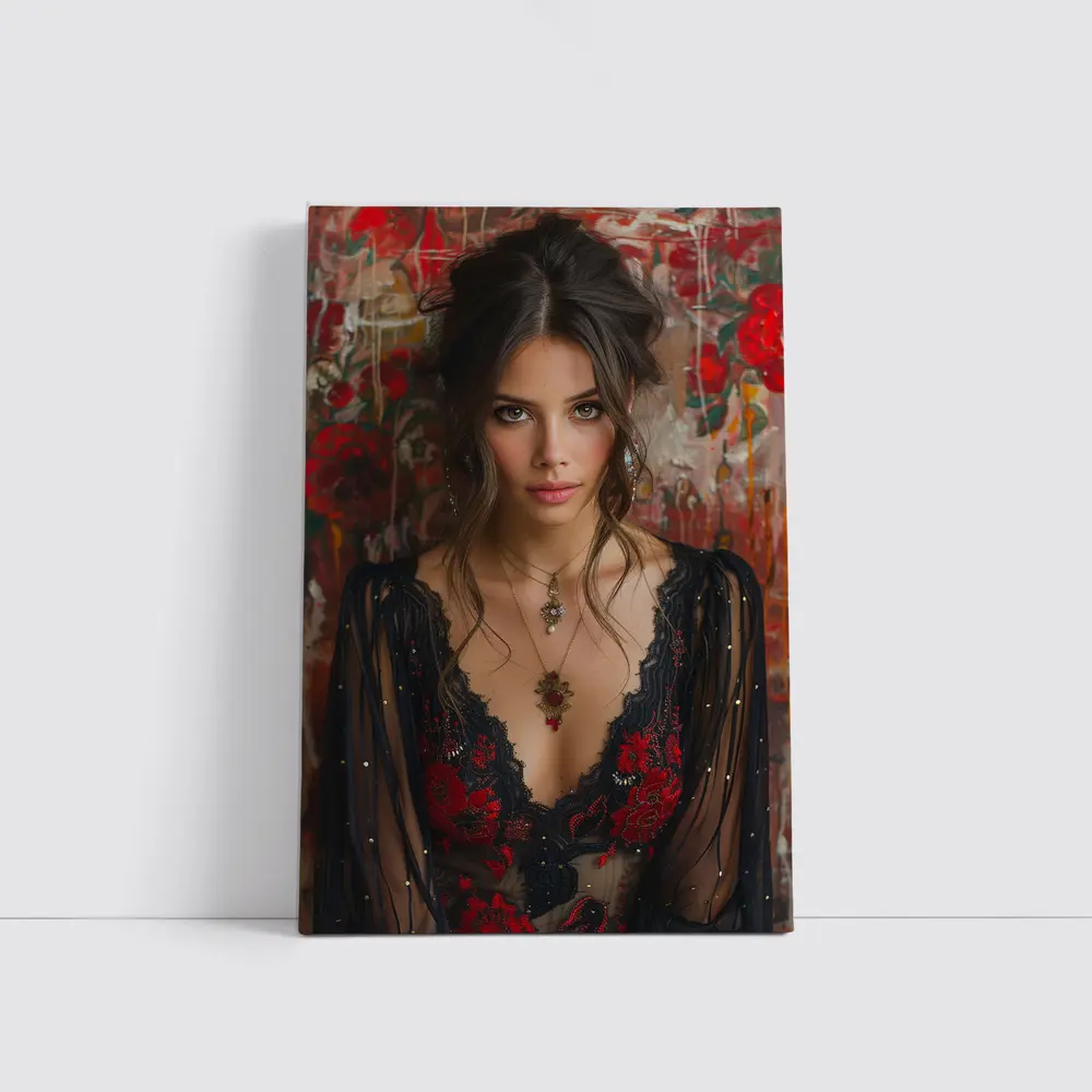 Elegant Woman Red Floral Lace Dress Portrait – Wall Art