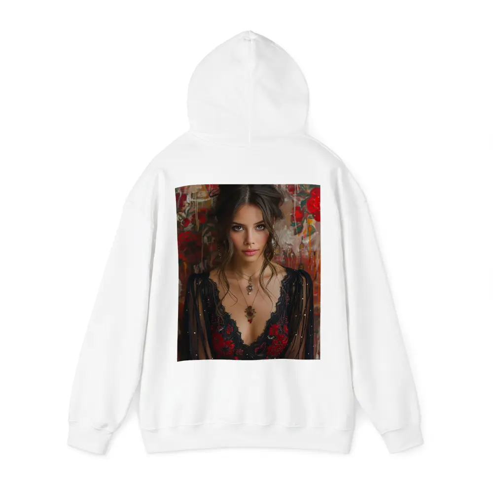 Elegant Woman Red Floral Lace Dress Portrait – Hoodies