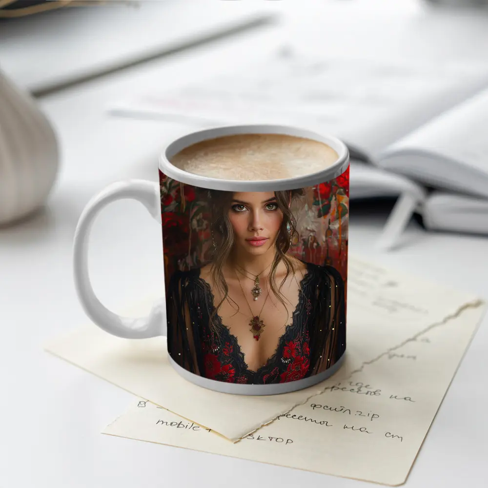 Elegant Woman Red Floral Lace Dress Portrait – Mugs
