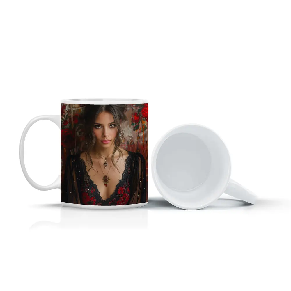 Elegant Woman Red Floral Lace Dress Portrait – Mugs