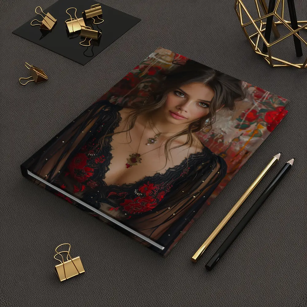 Elegant Woman Red Floral Lace Dress Portrait – Notebooks