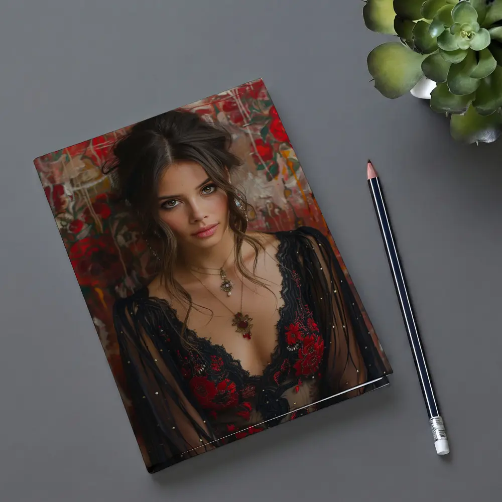 Elegant Woman Red Floral Lace Dress Portrait – Notebooks