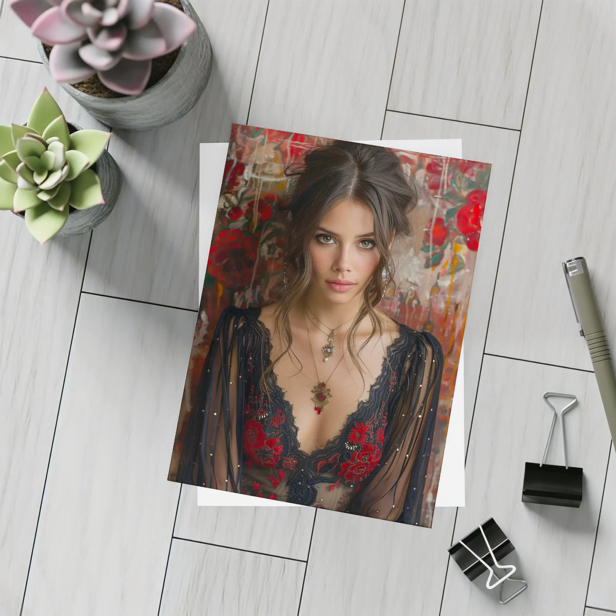 Elegant Woman Red Floral Lace Dress Portrait – Postcards