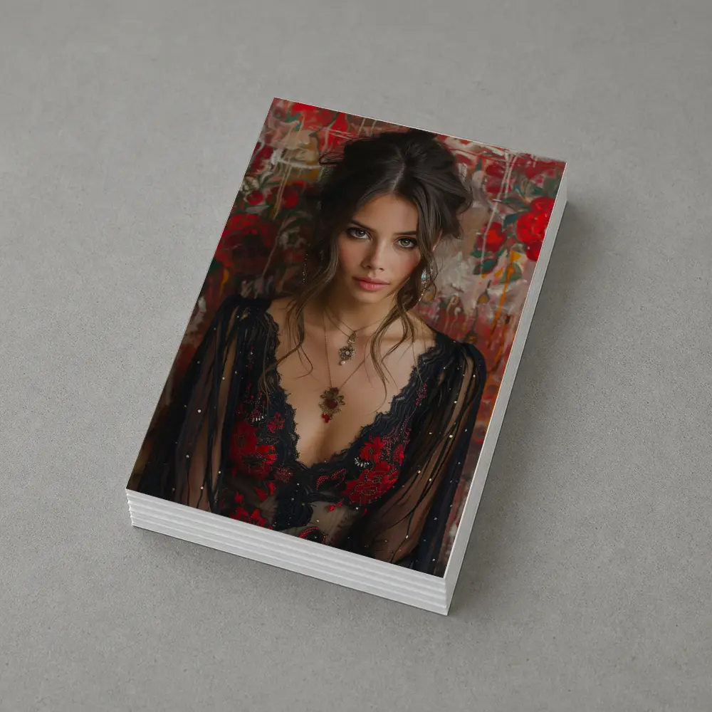 Elegant Woman Red Floral Lace Dress Portrait – Postcards