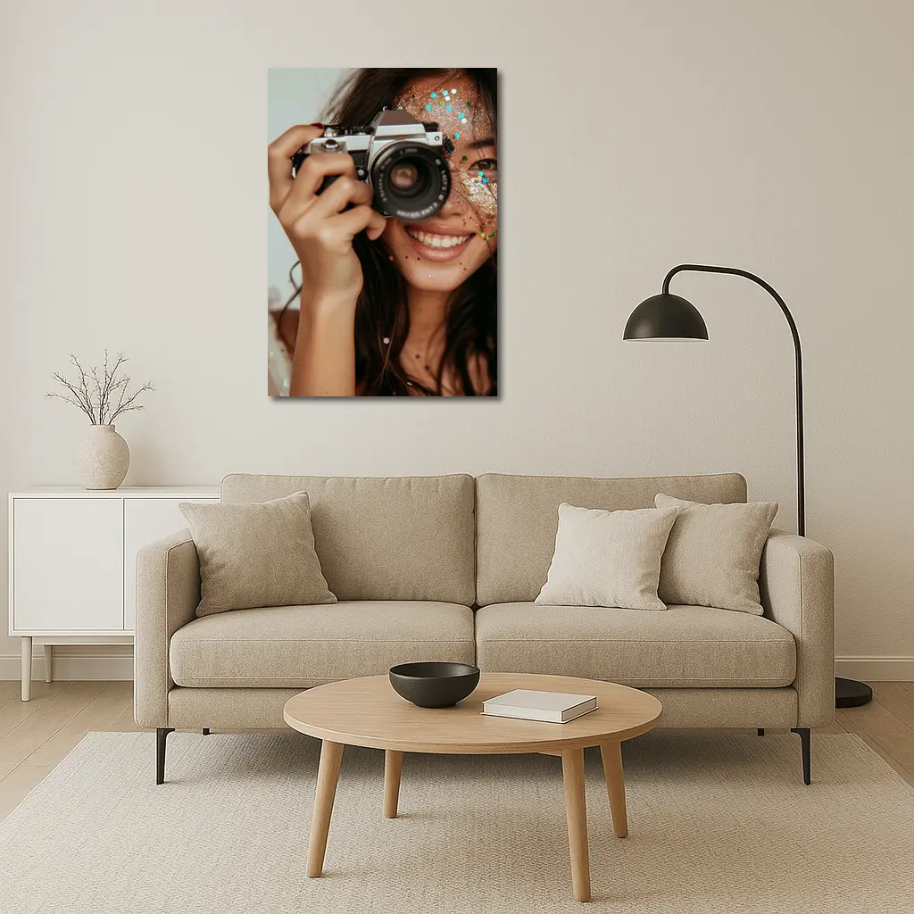 Smiling Woman With Film Camera And Glitter – Wall Art